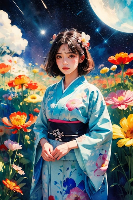 1 girl in a floral Japanese kimono, facing the viewer. Wearing Japanese traditional hair accessories, standing, night, shooting stars, flowers. Using brushstrokes, negative space, impressionism and abstract elements, combined with watercolor pencil painting techniques, it presents a fusion of traditional Japanese aesthetics and modern abstract art.watercolor,Flat color cartoon