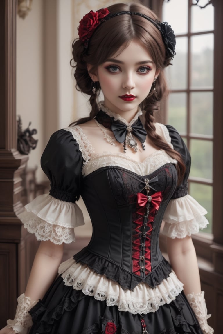 Gothic Lolita style girl wearing an ornate belt and corset with delicate lace and dark decorations. Lace, ribbons and other red, black, and white accessories add to the Victorian feel.