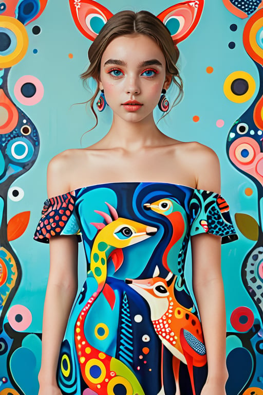 Masterpiece, highest quality, high resolution, of a girl, with exquisite features, wearing an off-the-shoulder dress featuring various abstract and stylized creatures in vibrant and whimsical artistic patterns.,better photography,xxmix_girl