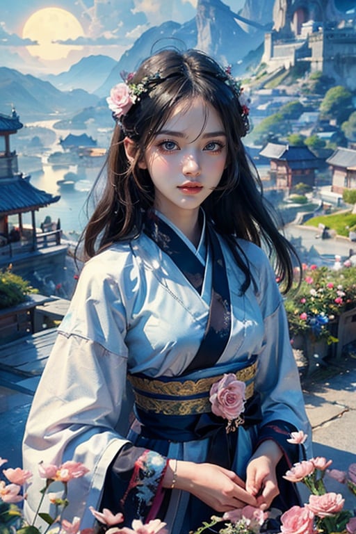 Anime Style, masterpiece, top quality, super detailed, official art, 1 girl, delicate facial features, perfect eyes, looking at viewer, wearing Hanfu, waist-up view, Long lens photo, pastel colors, realistic, 16K, mountains , valley, sun and moon silhouettes romantic sky, flowers, light roses, stunning light, photorealism, line art., 