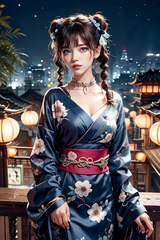 Masterpiece, best quality, super detailed, a cute girl, brown hair, twin tails, beautiful face, big indigo eyes, collarbone, collar, looking at the viewer, blue kimono, floral print, long sleeves, scenery of the summer festival ,night, rooftop, concept art, dark theme