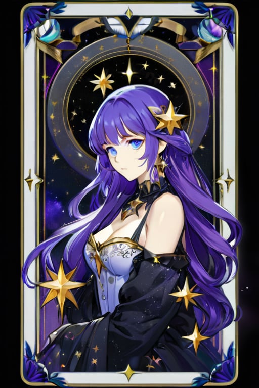 Masterpiece, high quality, detailed, beautiful, oil painting tarot illustration "Stars" with girl (purple hair, blue eyes, sexy figure). Perfect lighting, high resolution, detailed face and eyes, black background, oil painting style.,card