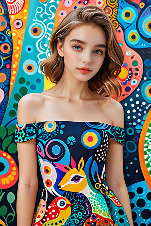 Masterpiece, highest quality, high resolution, of a girl, with exquisite features, wearing an off-the-shoulder dress featuring various abstract and stylized creatures in vibrant and whimsical artistic patterns.,better photography,xxmix_girl