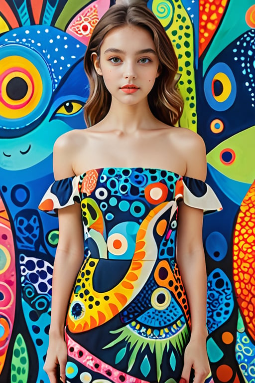 Masterpiece, highest quality, high resolution, of a girl, with exquisite features, wearing an off-the-shoulder dress featuring various abstract and stylized creatures in vibrant and whimsical artistic patterns.,better photography,xxmix_girl