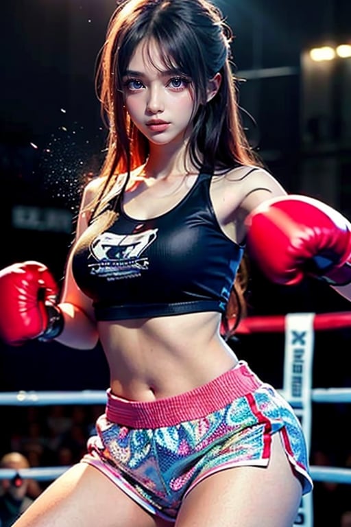 1girl, solo, long brown hair, tank top, midriff, shorts, boxing gloves, dynamic pose, fighting ring, photoreal ai girl,3va,perfecteyes eyes