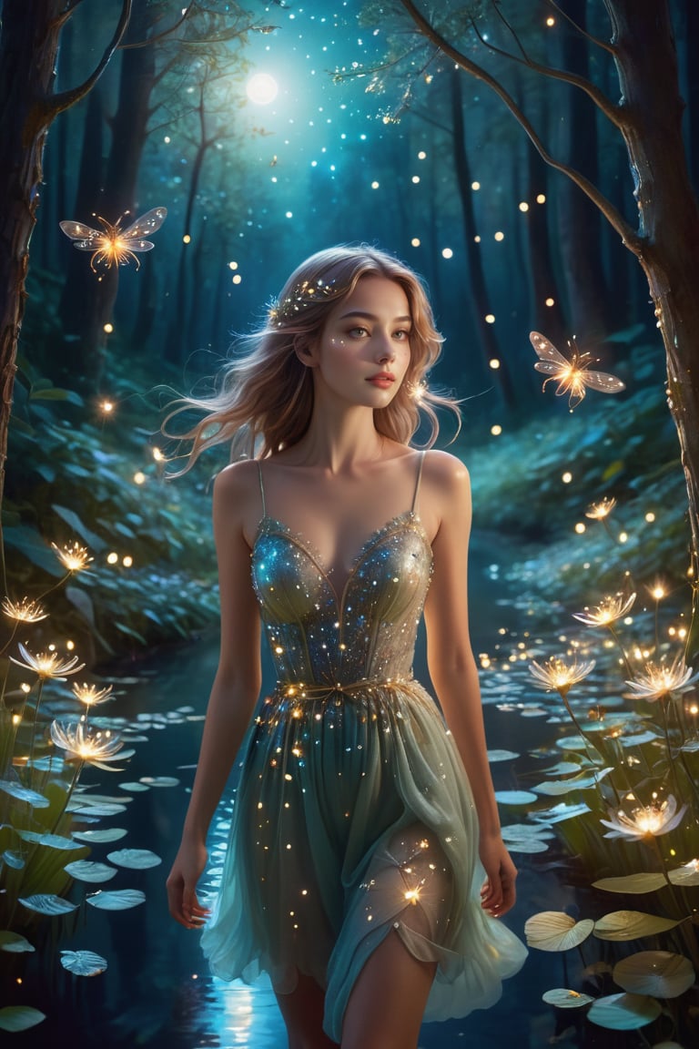At night, beautiful woman with delicate features, facing the camera, Waist-up view, walks into a whimsical magical forest, fireflies, stars twinkling in the sky, moonlight reflecting magical flowers and trees, creek gently rippling and sparkling, ,aesthetic portrait, litter,BugCraft