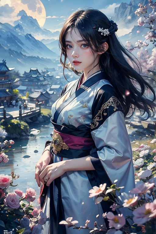 Anime Style, masterpiece, top quality, super detailed, official art, 1 girl, delicate facial features, perfect eyes, looking at viewer, wearing Hanfu, waist-up view, Long lens photo, pastel colors, realistic, 16K, mountains , valley, sun and moon silhouettes romantic sky, flowers, light roses, stunning light, photorealism, line art., 