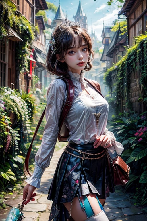 masterpiece, high image quality, high resolution, ultra-realistic, a girl with exquisite facial features, wearing a short skirt, walked into a small town that was like a fairyland on earth.,Add more details