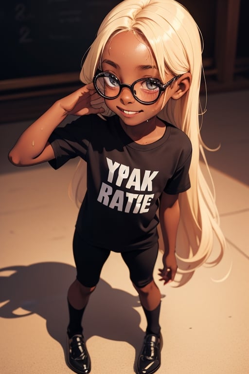 blond_long_hair,activity,body sweat,full_body,colorful
,tiny beautiful 5 year old child,forehead,
,dark skin,round glasses,smile,random sexy poses,casual_outfit