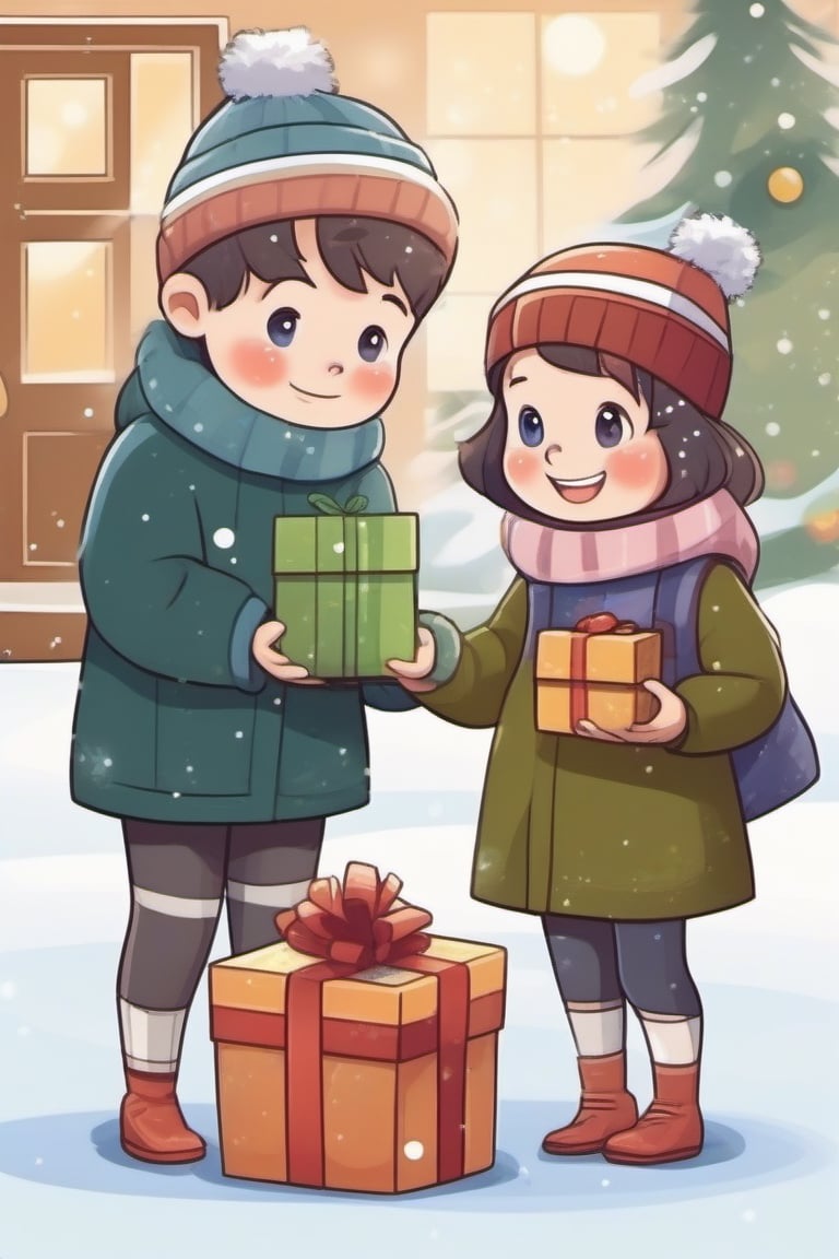 Children collecting their gifts at Christmas,cute cartoon ,Apoloniasxmasbox