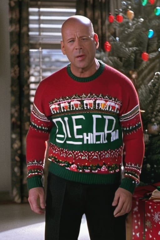 Bruce Willis wearing a Christmas jumper that reads Die Hard is a Christmas Movie opening a present and looking happy