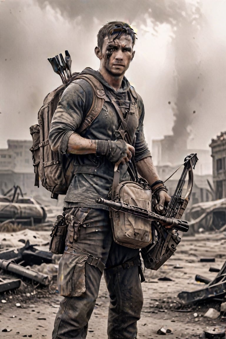 An male survivor holding a crossbow wearing a backpack in a post-apocalyptic wasteland, ,<lora:659095807385103906:1.0>,<lora:659095807385103906:1.0>