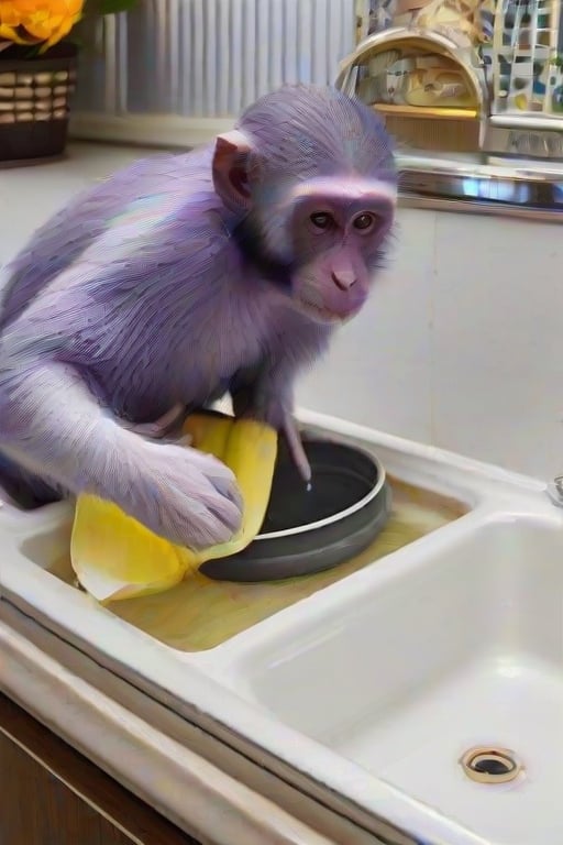 a purple monkey washing dishes 