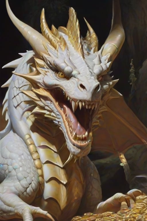 a close up of magnificent white dragon sits on a stash of gold and jewels,  a hobbit tries to steal gold from it 3/4 portrait in the style of Boris Vallejo 