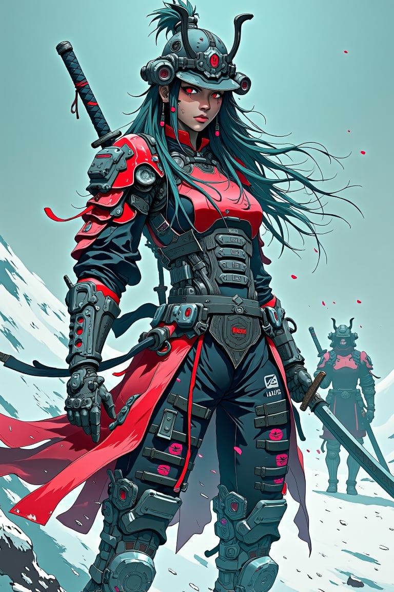 cyberpunk realistic anime style, a stunning japanese female warrior, long flowing hair, wearing samurai armour and helmet, holding a katana with both hands on a snowy battlefield, theme in teal, bright red and black colour, high quality, highly detailed