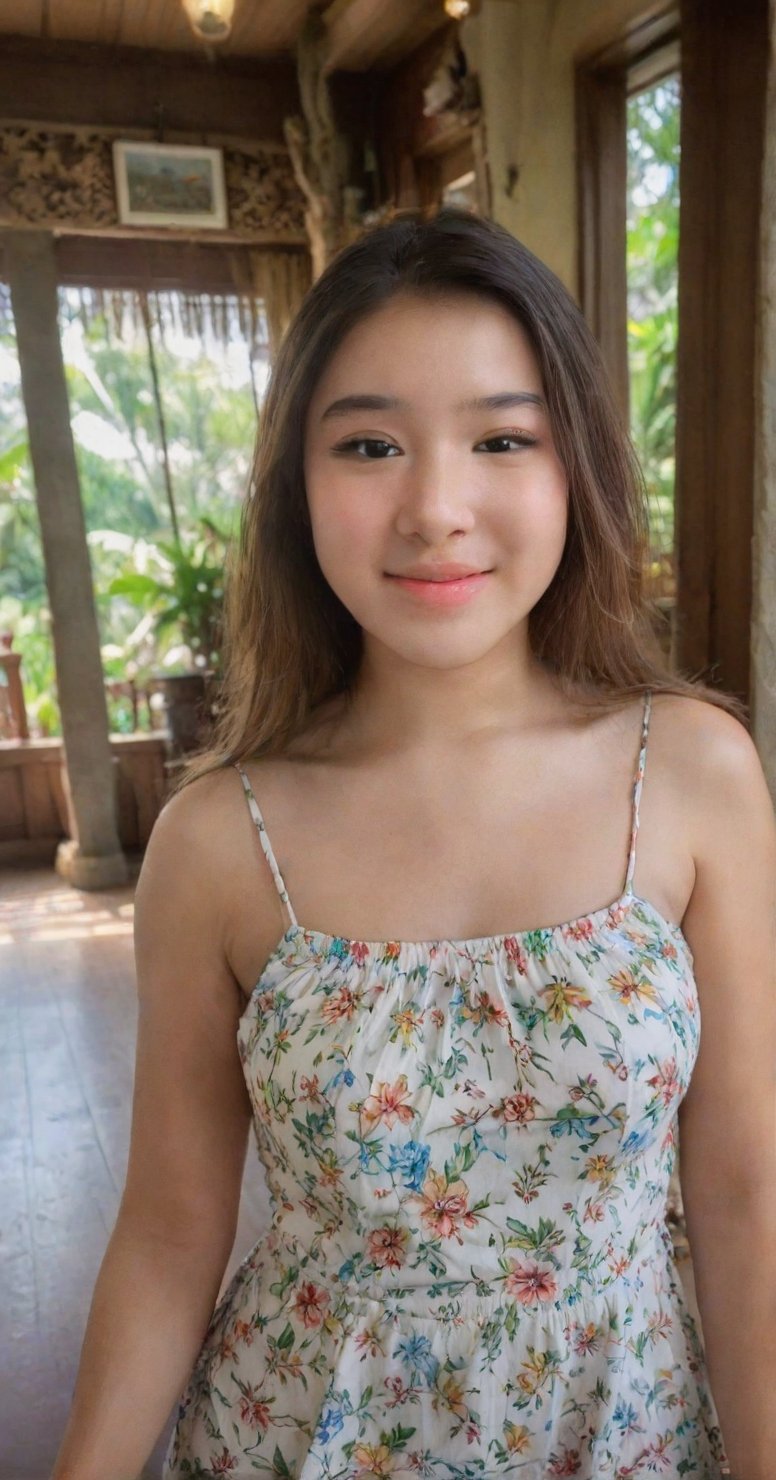 20 year old young woman confidently poses in a Balinese temple during the day with natural sunlight shining on her. she wears a tight dress that follows the curves of her body. The camera takes a picture of her from the front focusing on her clothes and her sweet smile and cute expressions. Her face and shirt became the center of attention.,tiar4,underboob, medium full shot, valoptuous, busty, sole