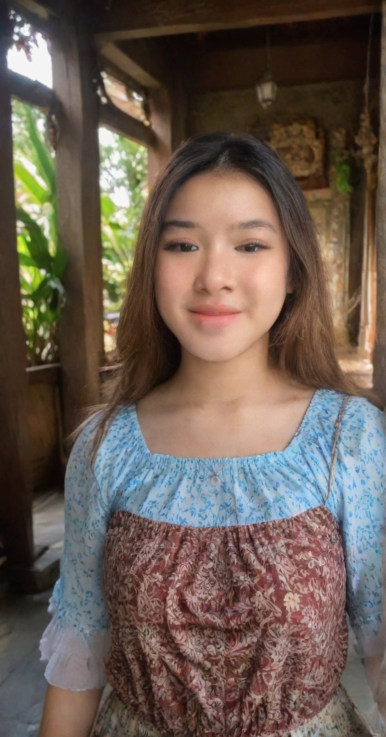 An 20 year old young woman confidently poses in a Balinese temple during the day with natural sunlight shining on her. she wears a dongtan dress  that follows the curves of her body. The camera takes a picture of her from the front focusing on her clothes and her sweet smile and cute expressions. Her face and shirt became the center of attention.,tiar4,underboob, medium full shot, cowboy_shot