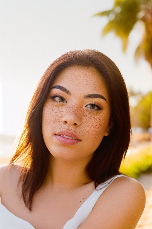 A photorealistic portrait of a 23-year-old Mexican American girl with medium, flowing brown hair striking brown eyes. very light freckles on upper cheeks. She should have a natural, approachable expression and be illuminated by soft, golden-hour sunlight. The background should be a scenic outdoor setting, perhaps a sunlit park or beach. Capture this image with a high-resolution photograph using an 85mm lens for a flattering perspective.,realhands