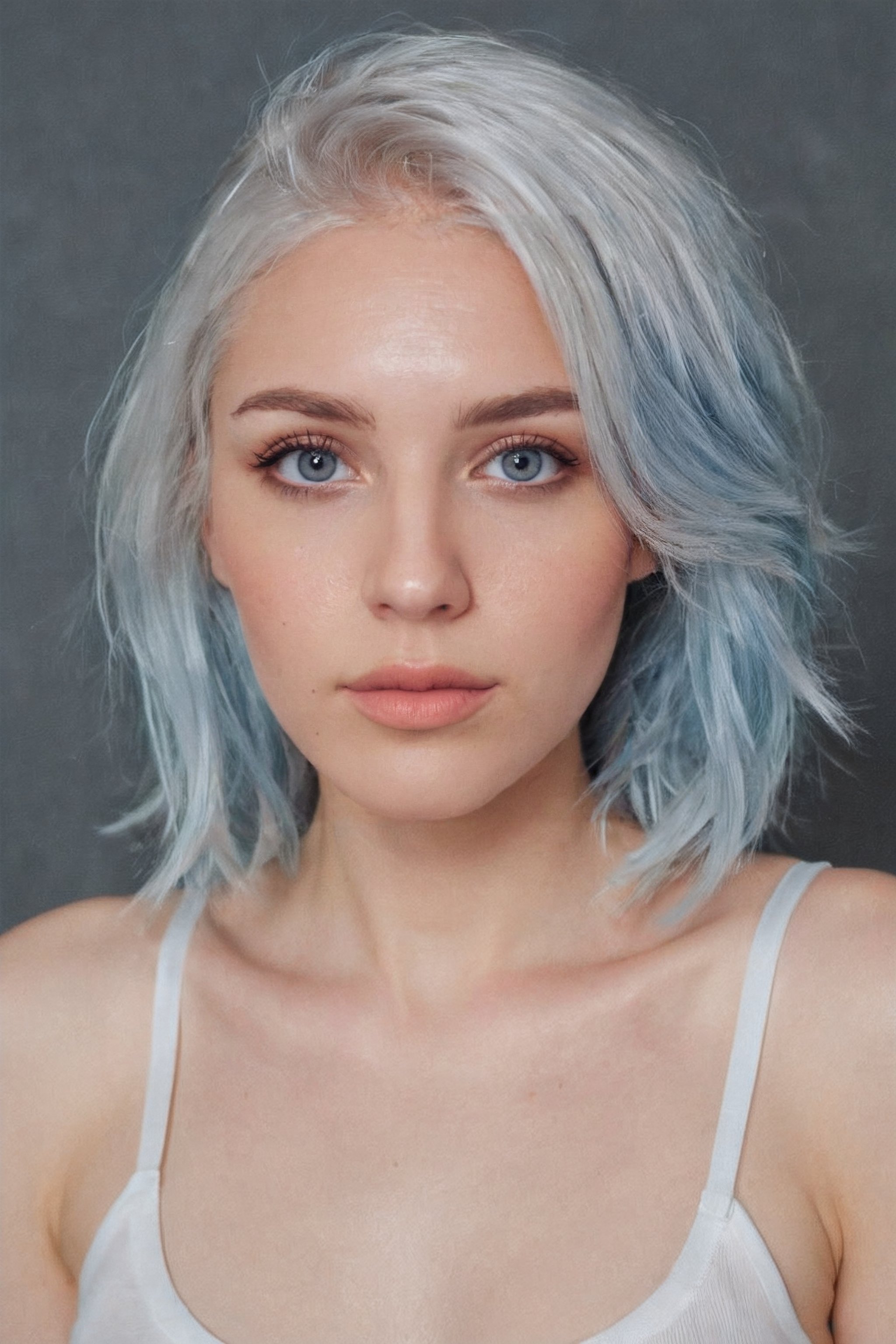 Create an image of a woman with platinum blue hair and detailed facial features. She has fair skin, striking blue eyes, and full lips. Her hair is styled in a straight, shoulder-length cut with subtle waves at the ends, giving a soft, natural look. The hair color has a gradient of icy blue at the roots, transitioning to a lighter platinum blue towards the tips. She is wearing a white, thin-strapped top that contrasts with her hair. The lighting is soft and diffused, casting gentle shadows that highlight the contours of her face and the texture of her hair. Her expression is serene with a slight, natural smile, and her gaze is directed straight ahead, exuding a calm and approachable demeanor.