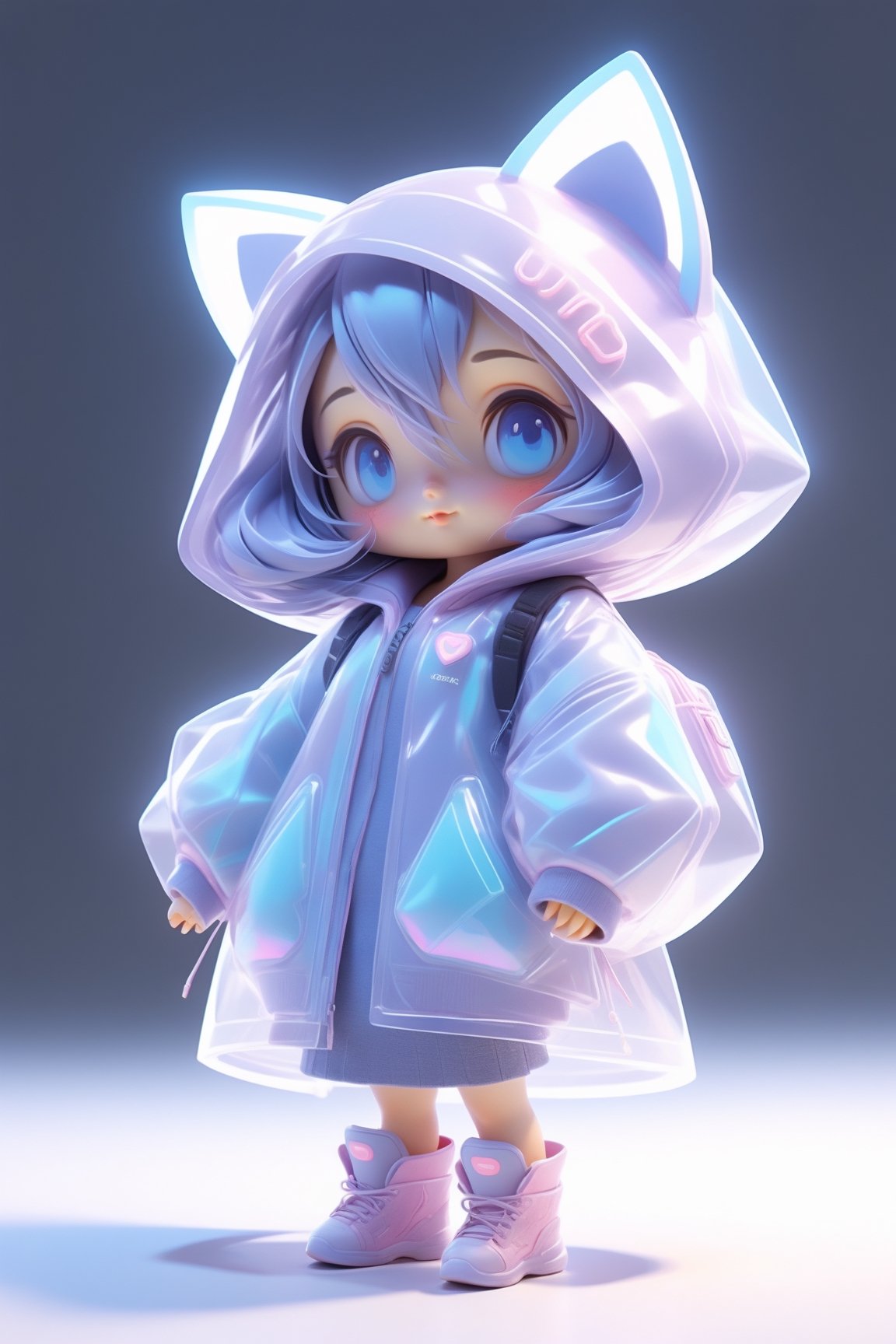 Full body, 3d artwork,  super cute girl, pop mart toys,  front view, super detail, blind box, T pose,Cute female  cyberpunk hacker with blue colored glasses, in a jacket with a Beanie long grey hair half teeshirt ripped jeanscyberpunk 2077 poster art, unreal engine, cozy indoor lighting, artstation, best quality, 3d icon clay render, blender, OC renderer, full body reference sheet, dribble, high detailed, 8k, studio lighting, 3D rendering, Nintendo trendy, best details, higdefinition, high resolution,cute cartoon 
