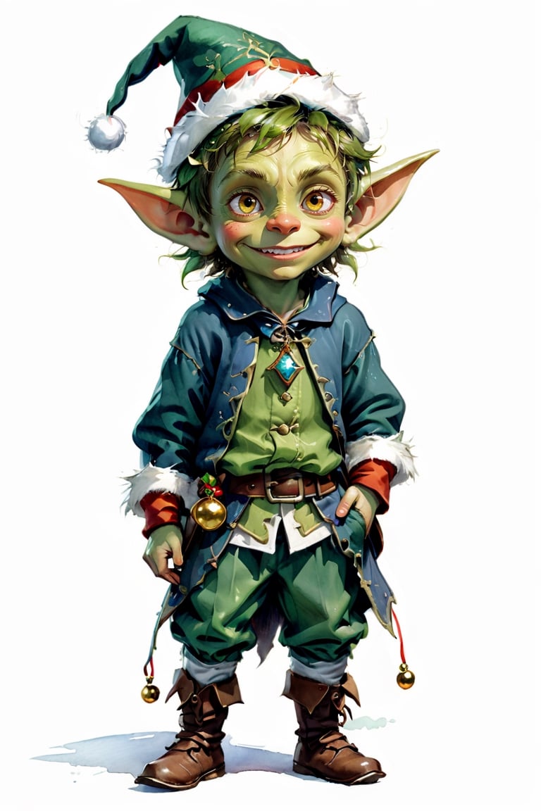 Portrait of happy goblin boy child christmas clothes, full shot (FS), ((full body with legs)), standing, looking straight, | (white background:1.2), simple background |, medieval, muted colors, digital art, 8K resolution, ultra quality, Watercolor, trending on artstation, intricate details, highly detailed, greg rutkowski