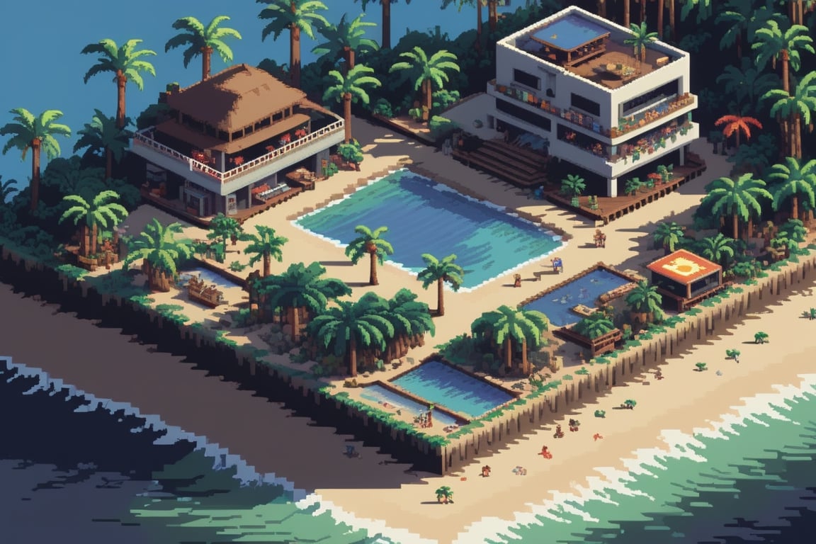 best quality, 16bit pixel art style,Create a poster with an isometric view of a gamer's world, featuring 3 islands connected by several pixel art-style bridges. The background should have a solid color with a beach house, a palm tree, and a sand dune, all beautifully lit with studio lighting. This image should be captured in high resolution and 4K ultra-detail, resembling a cinematic movie poster  - mini people:1.15, pixel art, colorful, masterpiece, very creative, original, new, newest, super fun, happy happy, festive, postive vibes, ,pixel style

