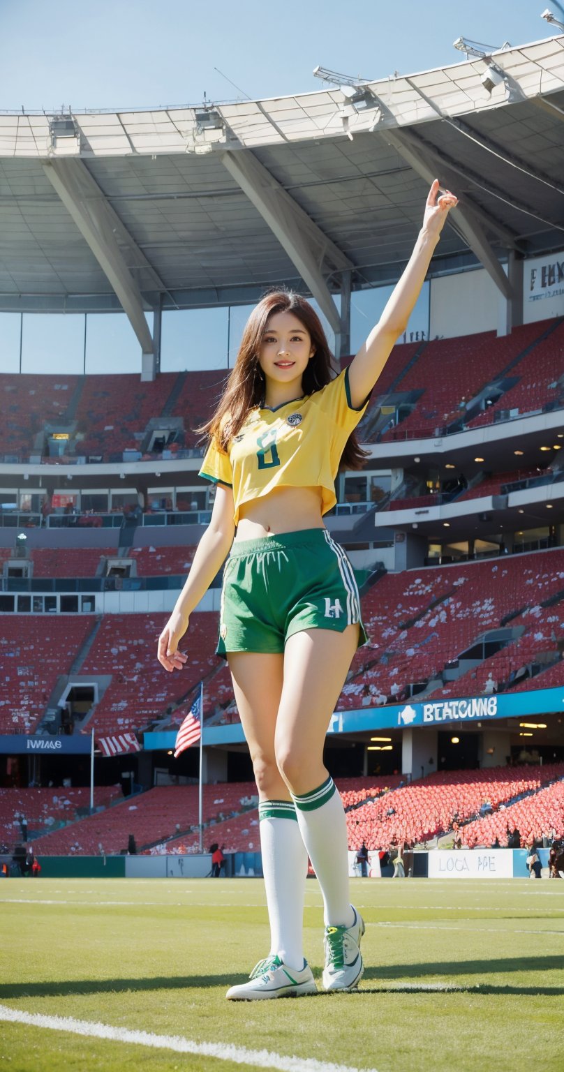 In the middle of a vast, brightly lit stadium, a girl stands out in her Brazilian national team football uniform. She wears the traditional yellow jersey with green trim, the team logo and number prominently displayed on her chest. The jersey fits snugly, highlighting her athletic and dynamic figure. Her shorts are green, paired with white socks and white football boots featuring green stripes.

The girl sits comfortably on a football, her left leg slightly bent with her foot touching the ground while her right leg is extended, resting on the ball. Her long hair falls naturally, with a few strands gently swaying in the breeze. Her face is lit up with a radiant smile, her bright eyes reflecting joy and excitement.

Surrounding her is the expansive stadium with towering stands, rows of seats stretching out, and colorful flags waving in the wind. Bathed in golden sunlight, the girl and the football seem to be the center of this small universe, exuding a sense of vitality and passion for the sport.from below 