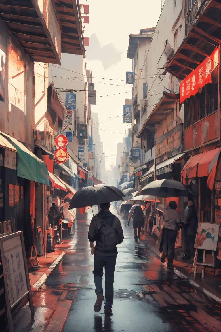 After the rain, midnight time travel, Taiwan street, man painting the street (rich colors, best quality, detailed design, masterpiece, cinematic lighting, 4K, chiaroscuro)