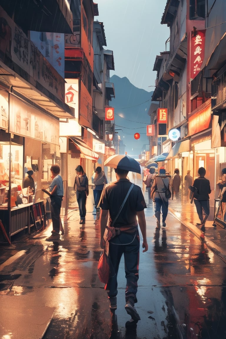 After the rain, midnight time travel, Taiwan street, man painting the street (rich colors, best quality, detailed design, masterpiece, cinematic lighting, 4K, chiaroscuro)