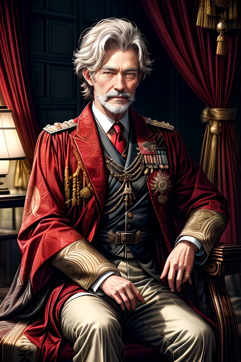 A distinguished man in his forties, with golden hair, exuding the regal presence of an ancient Japanese prince. As the heir to the throne, he wears a refined military uniform adorned with intricate oak leaf gold embroidery, featuring a straight-line pattern of botanical elements on the front. The military cloak is detailed with a golden chrysanthemum pattern, symbolizing the Japanese royal heritage. The handsome gentleman, dressed in a military outfit, showcases detailed botanical symbols, including royal star-crossed and crossed medals. The combination includes a white military suit with golden botanical embroidery detailing. Adorning the attire are the emblems of the royal house, along with honorable British medals. A red strand crosses over the shirt from shoulder to hip, emphasizing his well-maintained physique.

With captivating brown eyes and a touch of wisdom in his gaze, the gentleman poses for a portrait photography session in a royal garden under a majestic tree. Seated on a finely carved wooden chair, the portrait achieves a depth-focused detailed effect, captured with high quality using a Canon 6D Mark VII. The colors are refined using Adobe Lightroom, enhancing vintage tones, creating softened and shimmering light. The overall ambiance carries a dreamy, old-money effect with meticulous attention to detail.

This portrayal of a mature and distinguished man in his forties, with real human skin, exhibits vivid details, achieving a photorealistic quality (1.37). The male model features thick eyebrows, a well-groomed beard, and a sophisticated presence. Fantasy royalty emblems, including the super-detailed face, contribute to the photorealistic representation. In this rendition, the gentleman's military attire incorporates the regal symbol of the chrysanthemum, symbolizing Japanese heritage, adding a unique touch to the portrait.