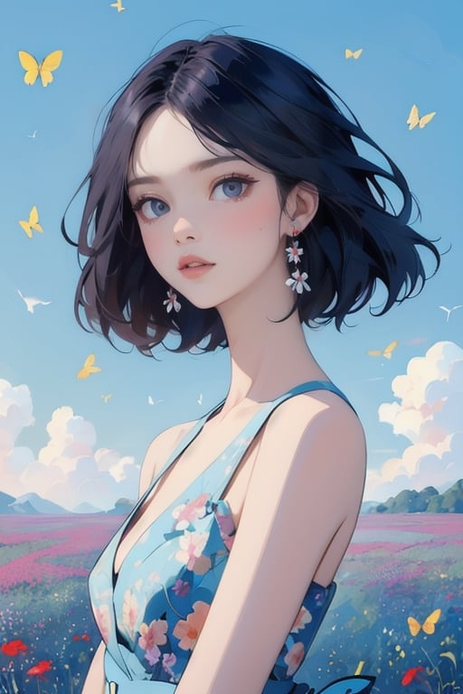 Lustration of a woman in a field of flowers A blue sky of clouds, beautiful illustration, beautiful painting, beautiful UHD 4K art, beautiful art, a beautiful art illustration, art in the style of Guweiz, beautiful painting, Atey Ghailan 8K, Artgerm and Atey Ghailan, girl in a field of flowers, (butterflies).