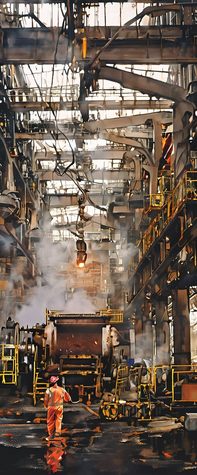 Steel plant workers are operating machinery，painting