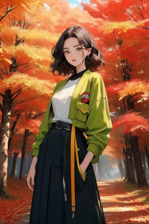 The image features a woman standing amidst a vibrant display of autumn foliage. She is dressed in a bright green jacket, which contrasts with the red and yellow leaves surrounding her. Her hair is styled in loose waves that fall over her shoulders. A black belt cinches her jacket at the waist, adding a touch of elegance to her outfit.