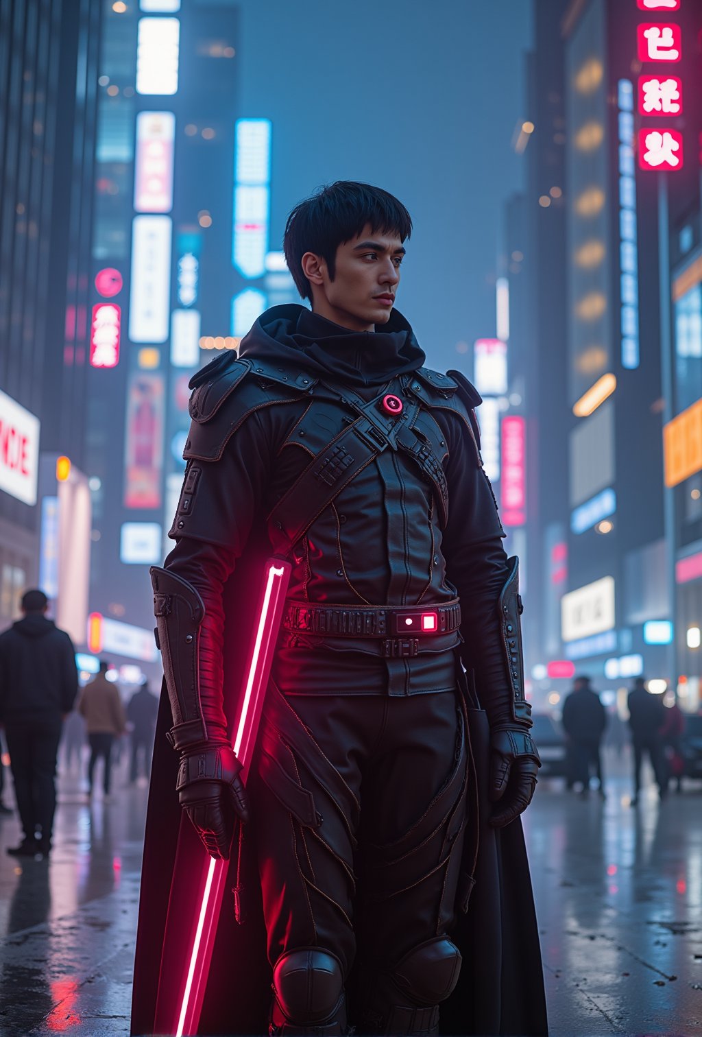 A cyberpunk-style long shot of a man with black hair wearing a futuristic knight templar outfit with neon lights. He is wearing random colour outfit with neon lights. The man is standing in a futuristic city with tall, reflective buildings. The background contains a city with tall, reflective buildings.