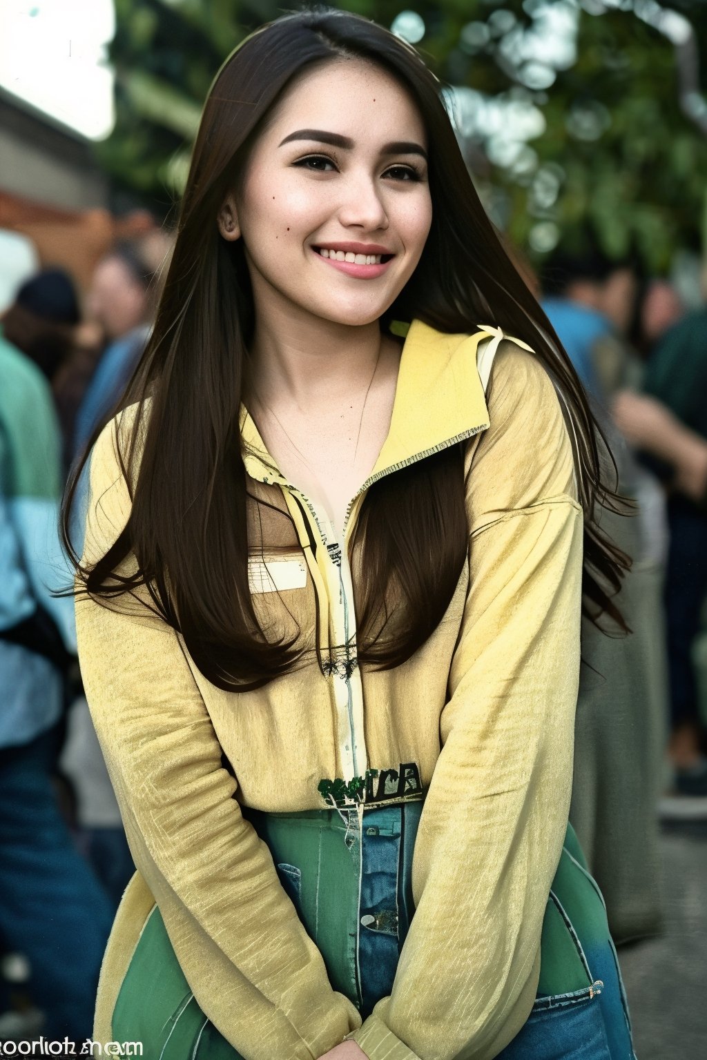 a beautiful 30 year old woman, long brown hair, wearing a green hoodie, cheerful smile, plump breasts, with a traditional market atmosphere in the background, photo realistic, quality,RAW, tajam, cinematography 