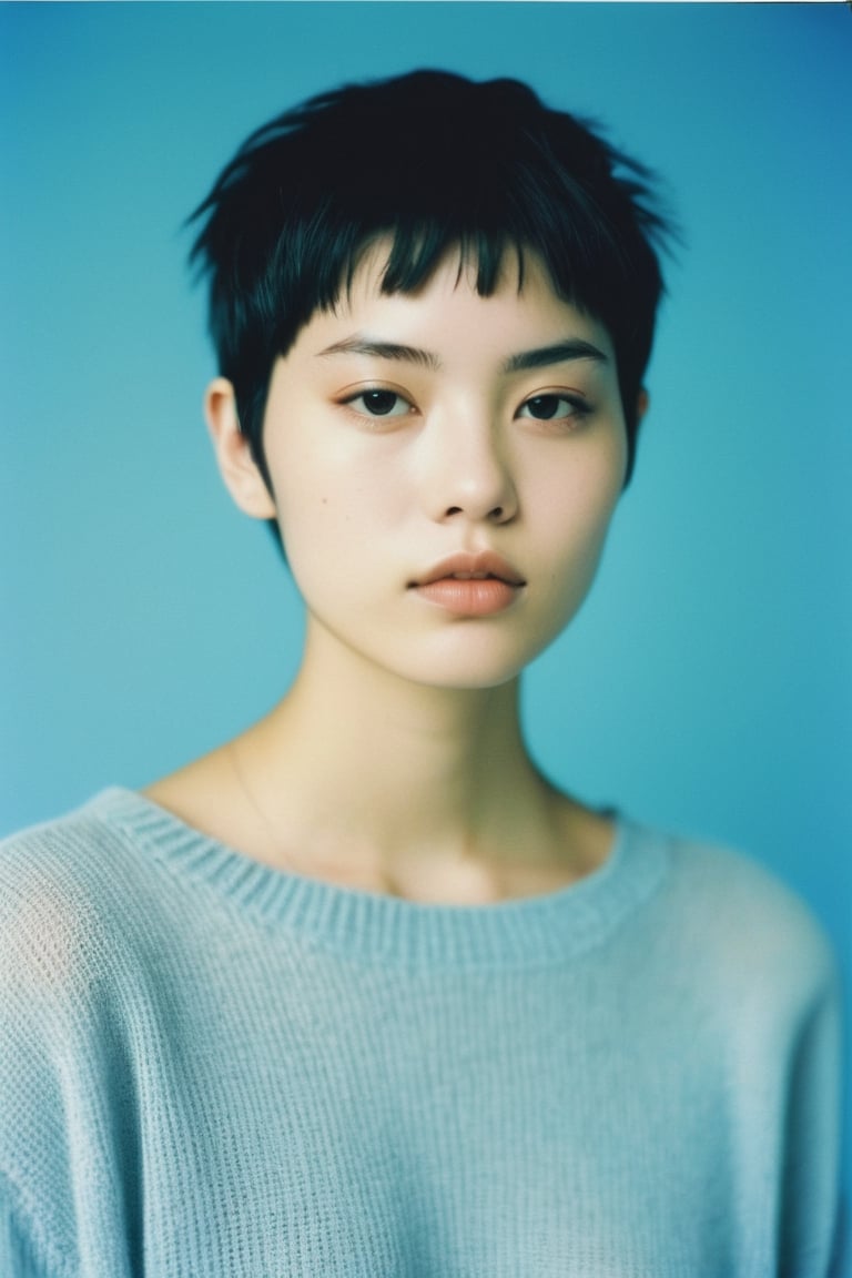 1999, minimalistic, futuristic, soft Photoshoot, of a 20-year-old Urban Outfitters model, an androgynous woman, japenese woman, cute face, 90's woman short haircut, serious gaze, soft film, wearing a long sleeve grey knit top, shot on Polaroid Disposable film, light blue tint, blue filter, blurred background, Gen X Soft Club Aesthetic