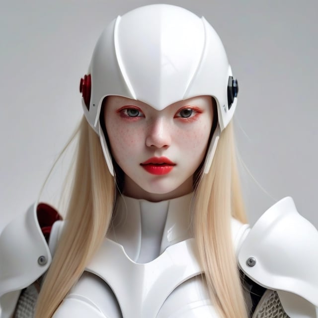 Extremely realistic image of Japanese albino beauty, extremely fair skin and long hair, clear pores, happy expression, Super details， Wear a white helmet， white white armor, (red lips), light gray eyes, freckles,  (half body), white, background.