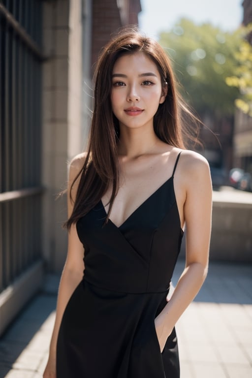 best quality, ultra resolution image, 1 beauty 20 yo woman, splash detailed, surreal dramatic lighting shadow (lofi, analog), kodak film by Brandon Woelfel Ryan McGinley, moment eyes, beautiful face, half body, long flowing brown hair, fringe, fashion black dress, daytime, title: my fashion time, hyper realistic.