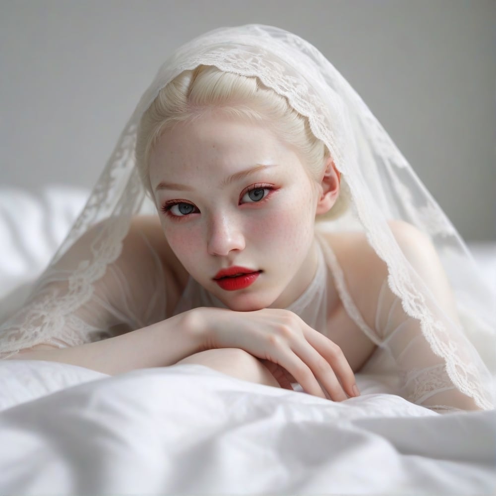 Extremely realistic image of Japanese albino beauty, lying on bed, extremely fair skin and hair, clear pores, happy expression, white lace veil, white lace clothes, (red lips), light gray eyes, freckles, super sharp focus, (half body), white background,