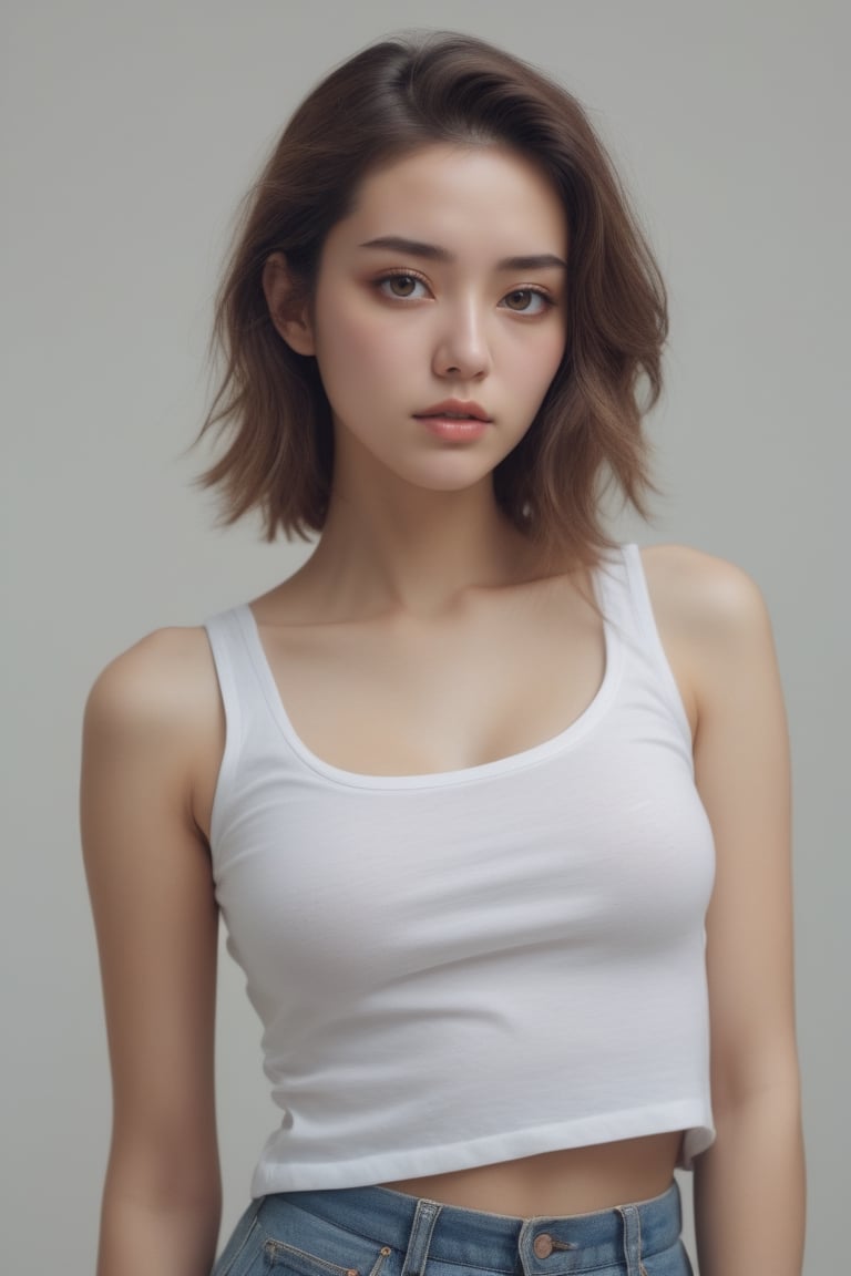 a Beautiful half Japanese ,half French girl wearing shirt without bra, long hair, mock up photo, professional fashion shoot, surreal, masterpiece, art station trend, christie