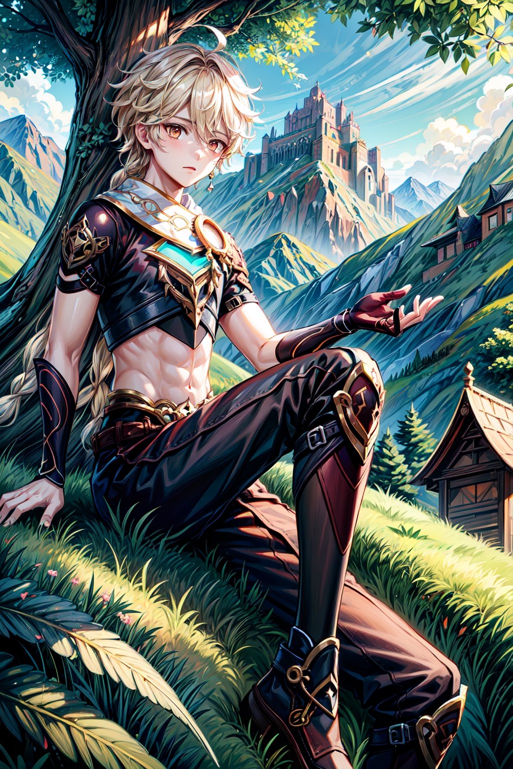 1 boy, Aether, golden eyes, blonde hair, single short braid, slender body, full body, no muscle, stern face, pensive, sitting above tree, big tree, mountain view in the distance, lights rays, perfect sunlight, noon, high resolution. High quality, perfect hand, perfect finger, detailed background,fantasy00d,More Detail