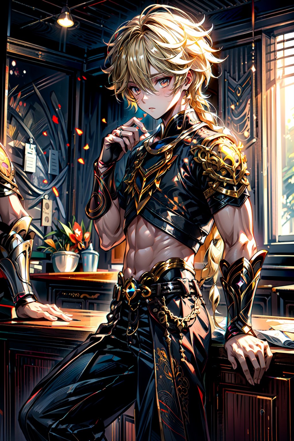 1 male, aether, golden eyes, blonde hair, change his clothes, manly, handsome, 1 braid, short hair, wear school uniform, inside classroom, slim body, pensive looking,  masterpiece, best quality, (detailed background), full body, perfect, aether, anime, hand, midjourney