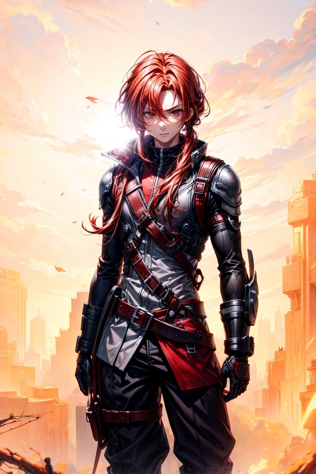 1 male, red hair, long hair, ponytails, red eyes, muscular, look at viewer, front, from above shot, More Detail, masterpiece, best quality, highres, lens flare, depth of field, (backlighting, Backlight:1.1), (Light through hair:1.2), wastelands.,More Detail