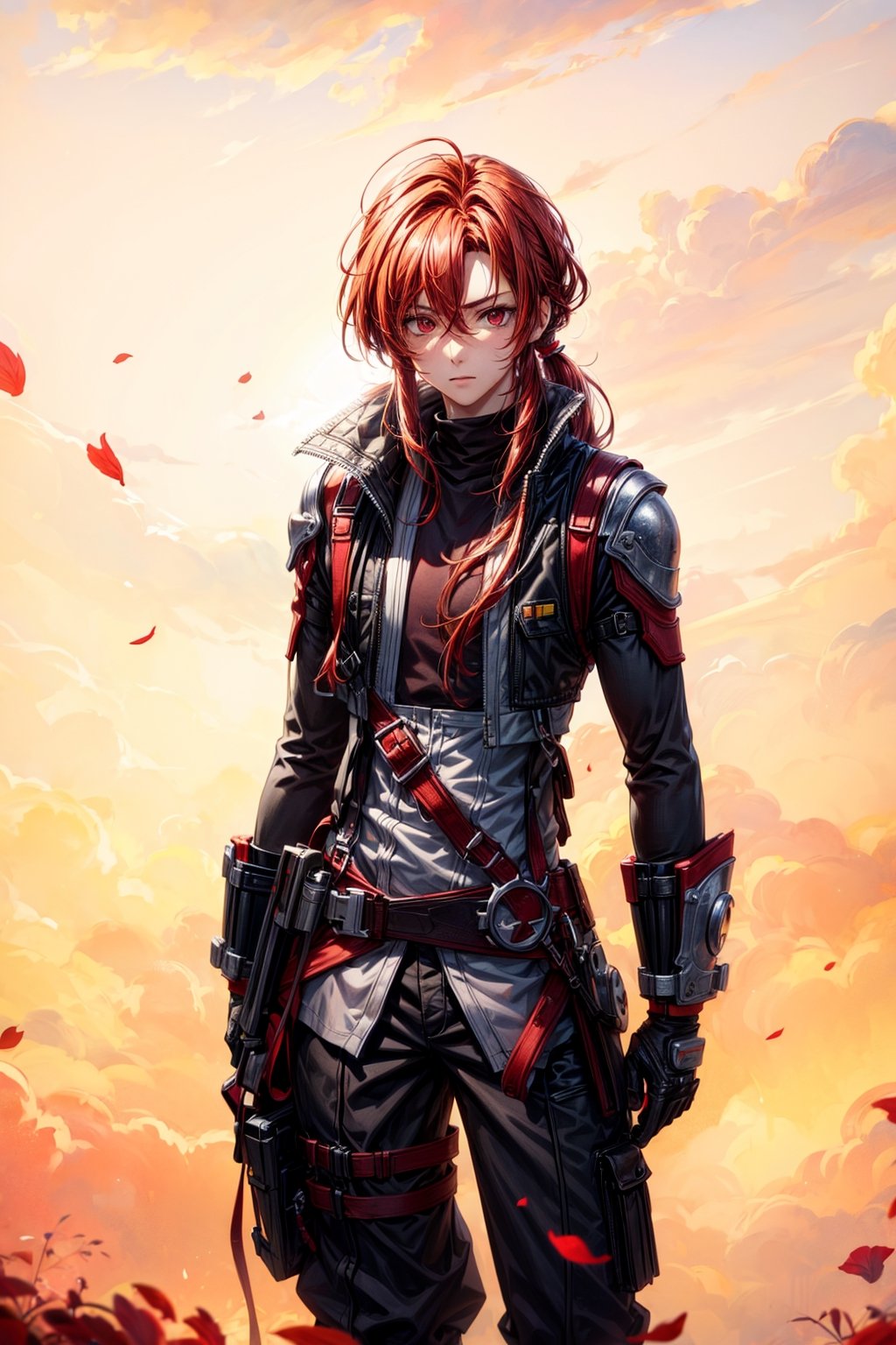 1 male, red hair, long hair, ponytails, red eyes, muscular, look at viewer, front, from above shot, More Detail, masterpiece, best quality, highres, lens flare, depth of field, (backlighting, Backlight:1.1), (Light through hair:1.2), wastelands.,More Detail