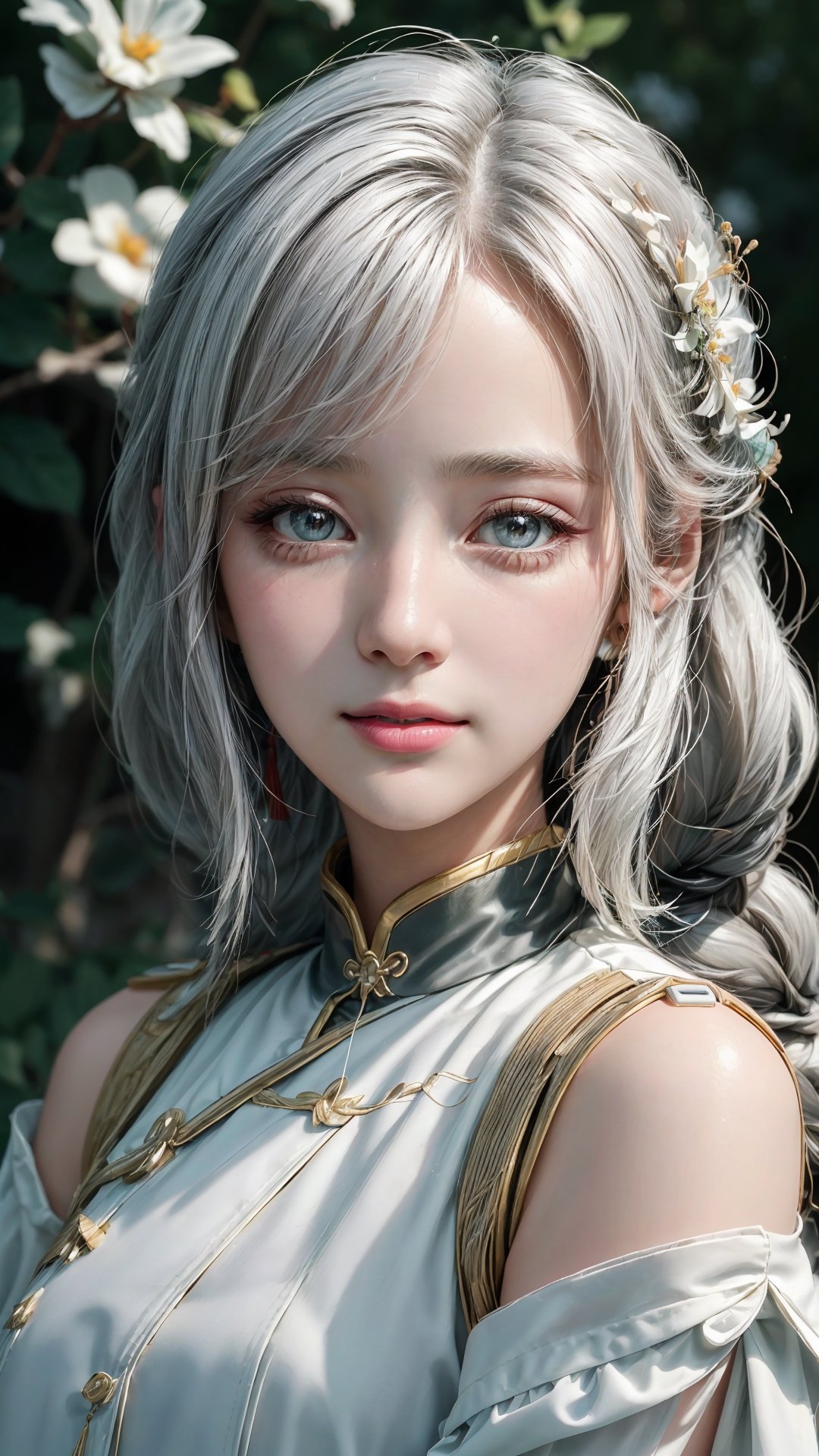 1 girl, solo, age 40, mature lady, shenhedef, multicolor eyes, white hair, hair over one eye, single braid, traditional chinese outfits, white outfits, outdoor, grass, flowers, open fields, smile, look at viewer, best quality, potrait, (extremely detailed CG unity 8k wallpaper, masterpiece, best quality), (detailed background), (beautiful detailed face, beautiful detailed eyes), High contrast, (best illumination, an extremely delicate and beautiful),  realistic, perfect light, ,shenhe_genshin, ,Detailedface