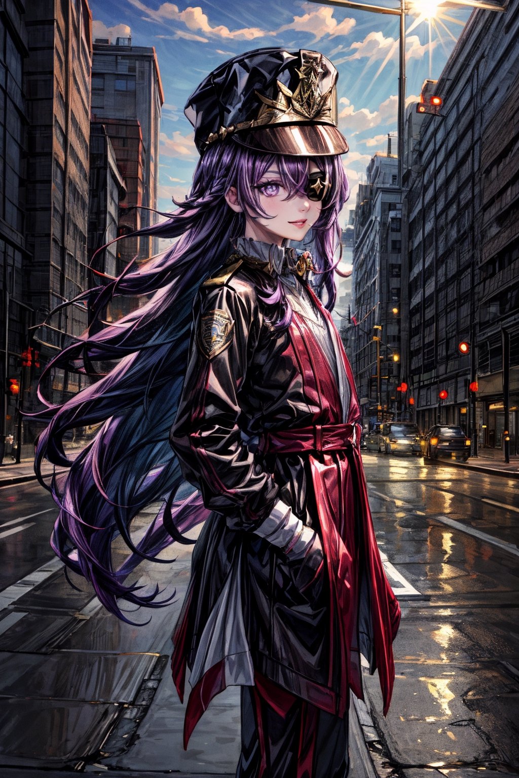 1 girl, solo, purple eyes, purple hair, long hair, hat, light smile, lips apart, small chest, police uniform, standing on the middle of the road, traffic light, city, high resolution. Potrait, wallpaper, High quality, detailed background, chevreuse,chevreuse, eyepatch