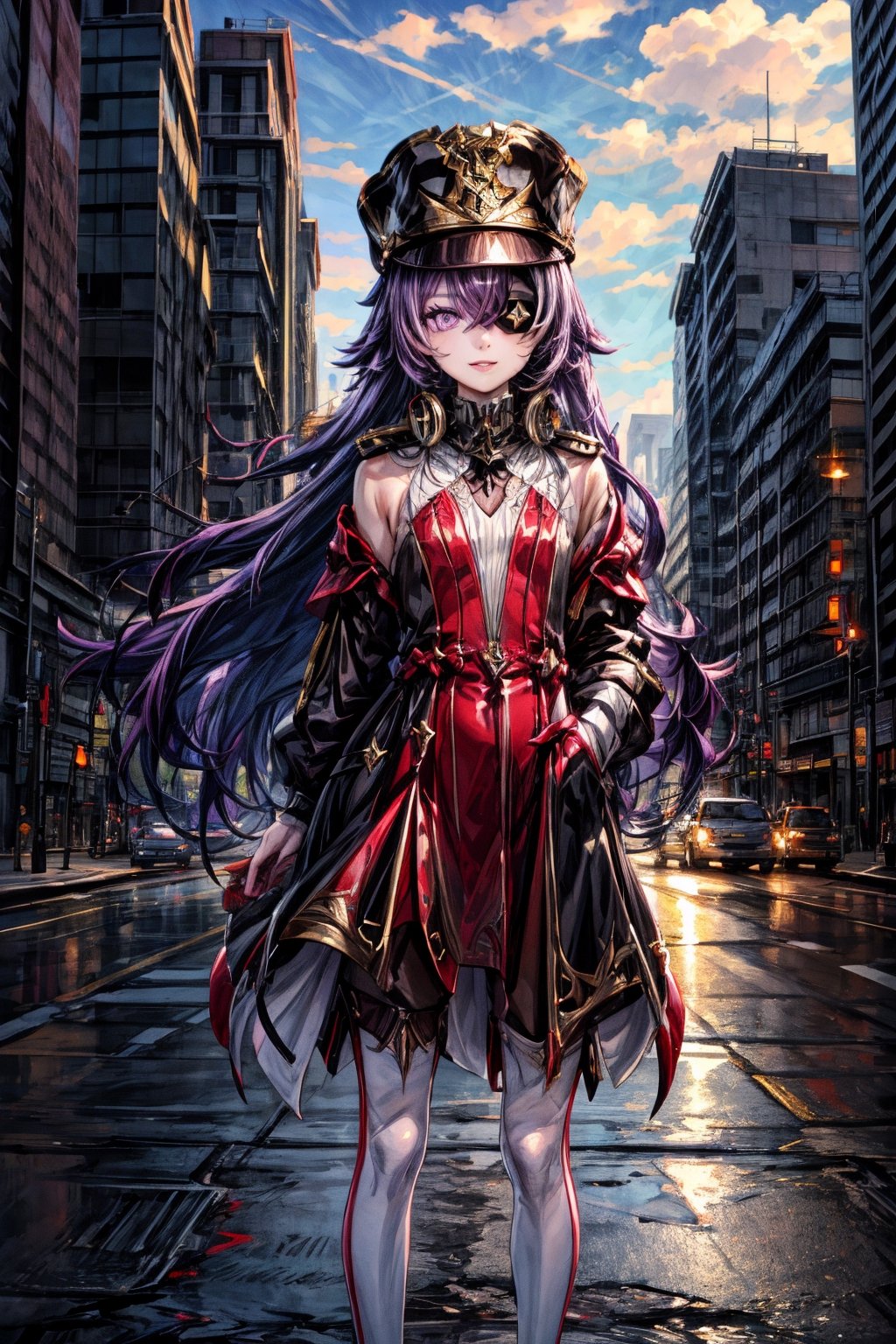 1 girl, solo, purple eyes, purple hair, long hair, hat, light smile, lips apart, small chest, police uniform, standing on the middle of the road, traffic light, city, high resolution. Potrait, wallpaper, High quality, detailed background, chevreuse,chevreuse, eyepatch