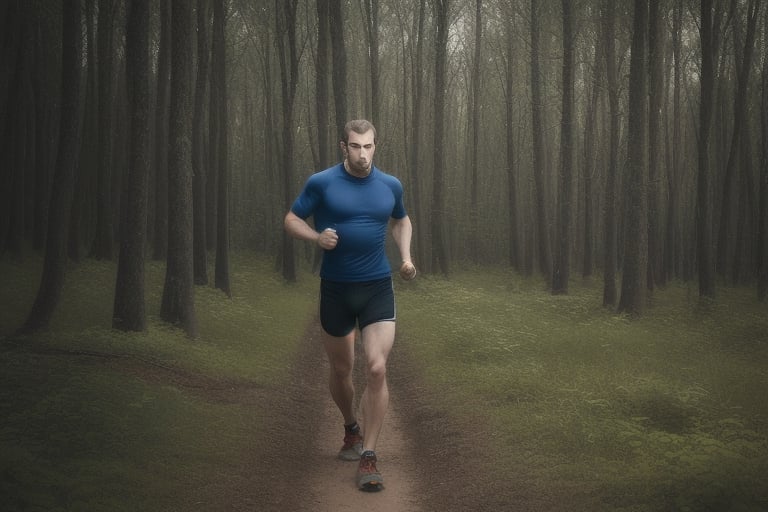 Caucasian man training in a forest landscape, serious stare, 