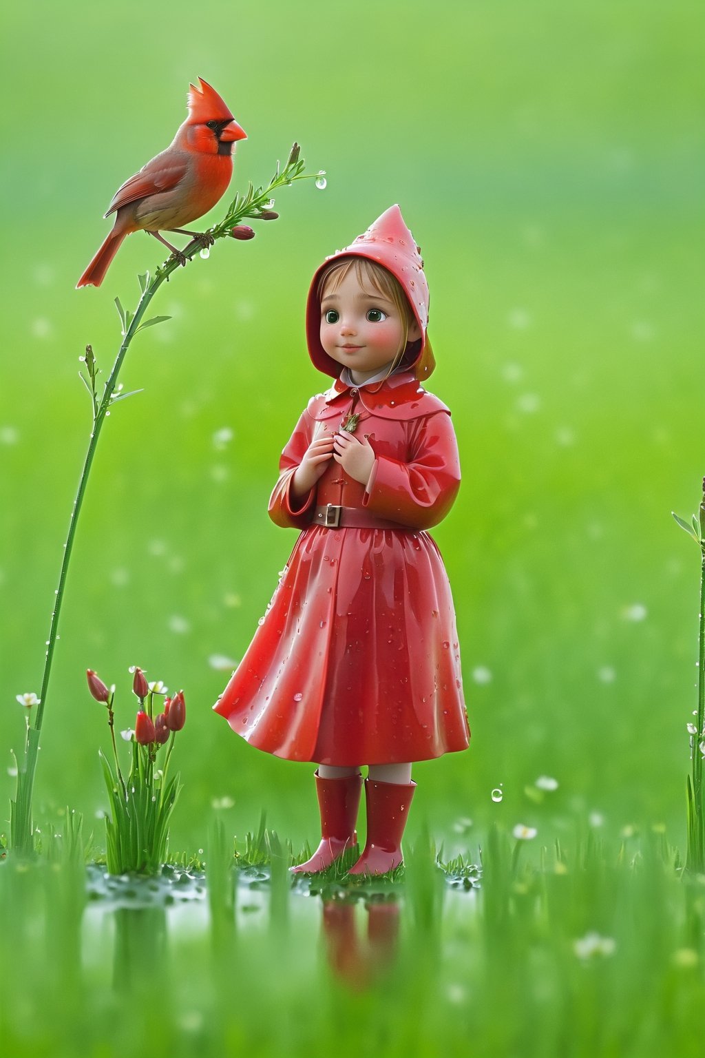 cardinal, bird girl, spring, meadow, wet