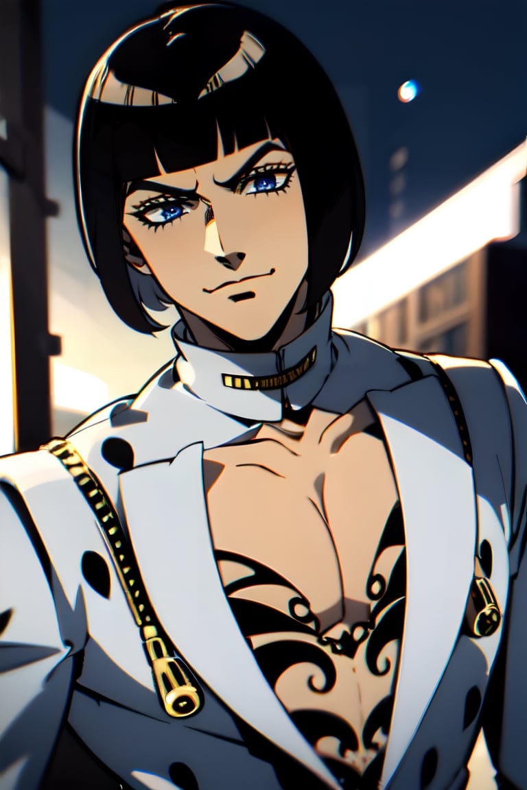 bruno bucciarati, bucciarati from jojo's bizarre adventure,  ((solo)), 1boy, short hair, black hair, pectoral cleavage, male focus, single, smile, white suit, white shirt, zippers, detailed,  blue eyes, closed mouth, half body, sexy, night background, night city,liar liar